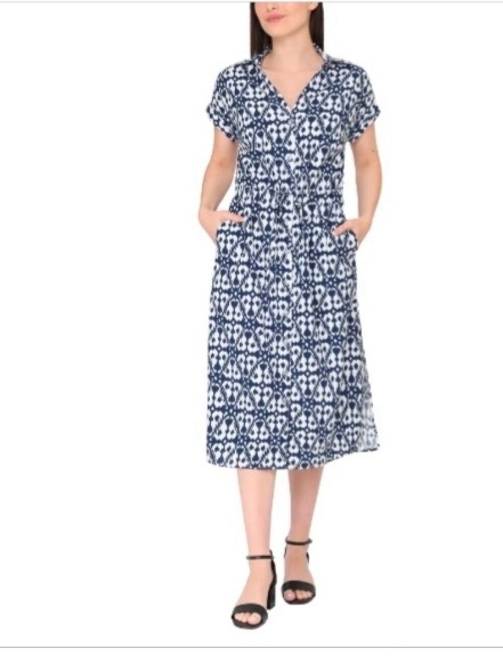 Jewel Badgley Mischka Blue White Ikat Midi Shirt Dress Pockets Size L